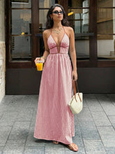 Load image into Gallery viewer, Summer V neck Striped Holiday Dress Elegant Backless Sleeveless Halter Maxi Dress Women