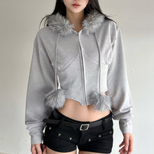 Load image into Gallery viewer, Fur Pom Cropped Zip Hoodie
