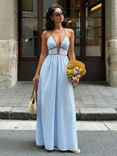 Load image into Gallery viewer, Summer V neck Striped Holiday Dress Elegant Backless Sleeveless Halter Maxi Dress Women
