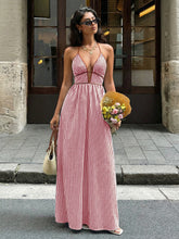 Load image into Gallery viewer, Summer V neck Striped Holiday Dress Elegant Backless Sleeveless Halter Maxi Dress Women