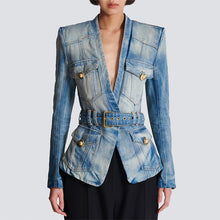 Load image into Gallery viewer, Star Power Belted Denim Blazer
