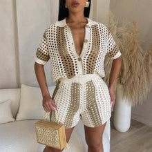 Load image into Gallery viewer, Women Clothing Sexy Women Hollow Out Cutout Out See Through Collared Knitted Shorts Suit