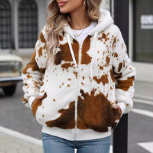 Load image into Gallery viewer, Cow Print Plush Zip Hoodie