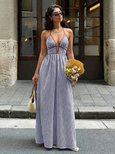 Load image into Gallery viewer, Summer V neck Striped Holiday Dress Elegant Backless Sleeveless Halter Maxi Dress Women