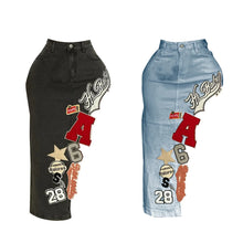 Load image into Gallery viewer, Letter Embroidery Asymmetrical Denim Skirt