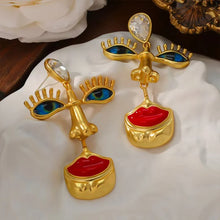 Load image into Gallery viewer, Vintage Blue Eye Red Lippe Drop Dangle Earrings