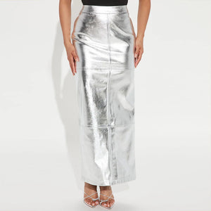 Metallic Pu Leather Maxi Skirt