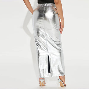 Metallic Pu Leather Maxi Skirt