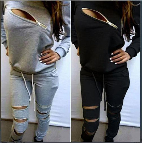 Fashion 2XL Plus Size Sport 2pcs Women Set Tracksuits Statement Personality Zipper Casual Sets Cloth + Pants - My Girlfriend's Closet STL Boutique 
