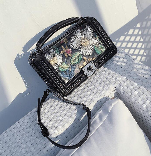 Sheepskin Flap Embossing Colorful Flowers Tote Chain Knitting Edge Shoulder Bag Women Crossbody Purse Genuine Leather Handbag - My Girlfriend's Closet STL Boutique 