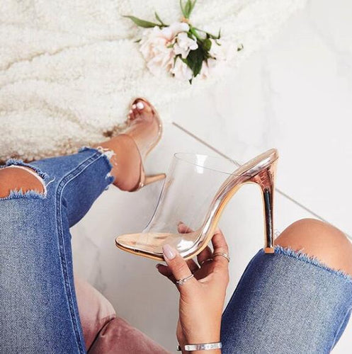 Champagne Slippers Open Toed Sexy Thin Transparent Heel Sandals - My Girlfriend's Closet STL Boutique 