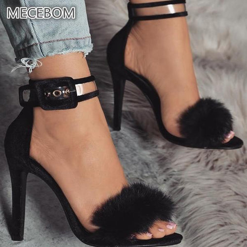 High Thin Heels Ankle Strap Platform Faux Fluffy Rabbit Fur. - My Girlfriend's Closet STL Boutique 