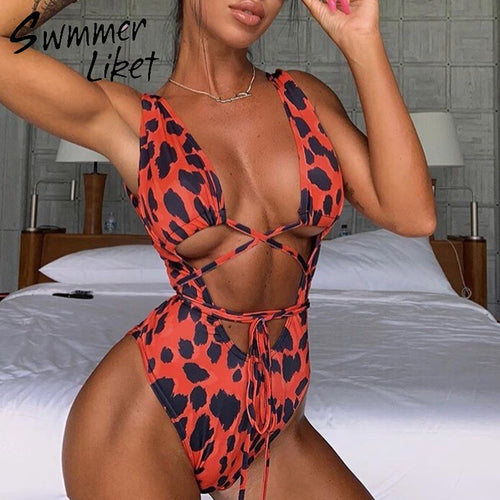 Red leopard swimsuit one piece Bandage sexy bikini - My Girlfriend's Closet STL Boutique 