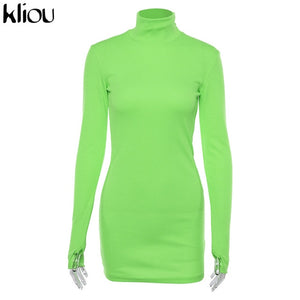 Women elastic skinny dress solid Fluorescence color turtleneck full sleeve thumb holes ladies casual dresses - My Girlfriend's Closet STL Boutique 