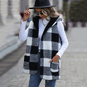 Hooded Sleeveless Plaid Plush Baggy Coat