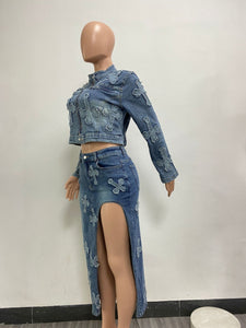 Embroidered Washed Denim Skirt Set