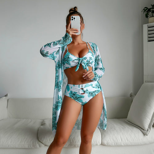 Printed Long Sleeve Bikini Three Piece Swimsuit