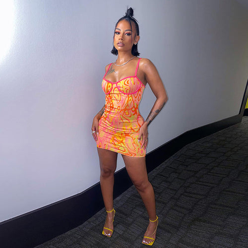 Sexy Strap Backless Print Slim Dress