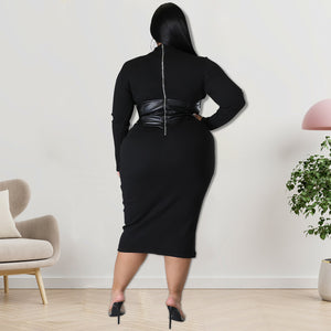 Plus Size Zipper Hit Leather One Step Dress