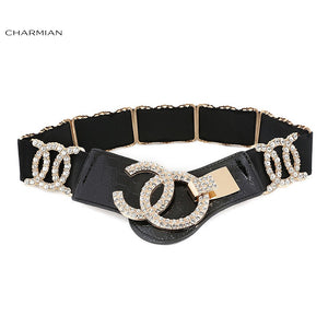 Charmian Deluxe Rhinestone Elastic Waist Cincher Belt with Golden Alloy Buckle Waist Belt