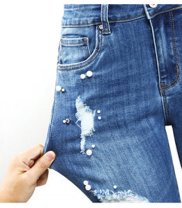 Ripped Jeans With Beads Women`s Plus Size Stretchy Torn Denim