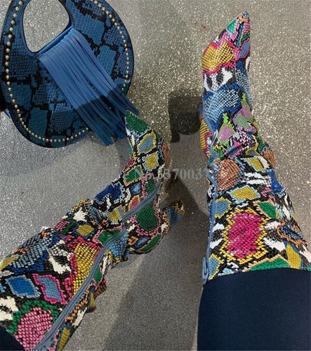 Women Charming Pointed Toe Mixed-colors Snakeskin Chunky Heel Knee High Boots