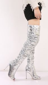 Bling Glitter Long Peep Toe boots