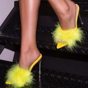 Feather peep toe transparent high heel slippers