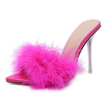 Load image into Gallery viewer, Feather peep toe transparent high heel slippers