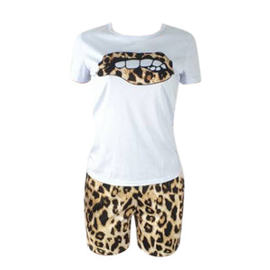 Two Piece Leopard Lip T-shirt Top and Shorts
