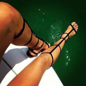 Sexy Open Toe Ankle Buckle Ladies Flat Sandals Knee High Gladiator Shoes
