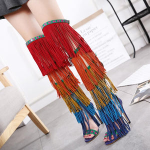 Hot Rainbow Fringe Women Over The Knee Boots