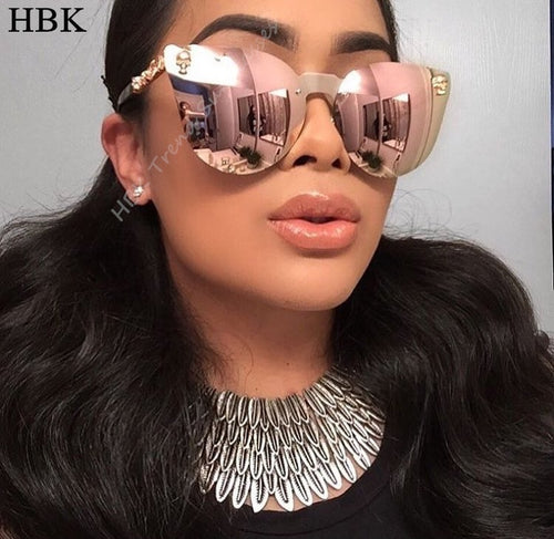 Rose Gold Skull Mirror Diamond Brand Designer Metal Frame Sun Glasses