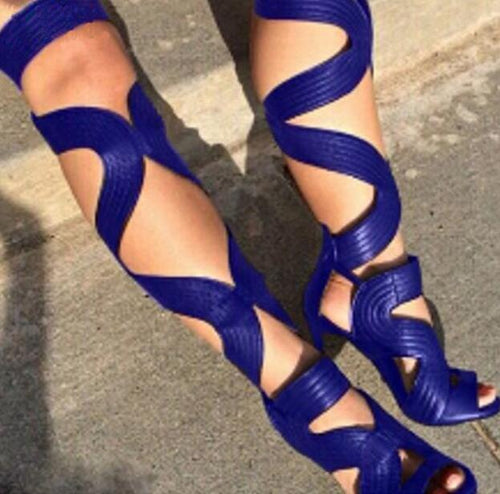 Leather Straps Cross Women Over The Knee Gladiator Sandals