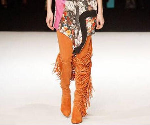 Fashion Orange Suede Leather Women Over The Knee Fringe Boots