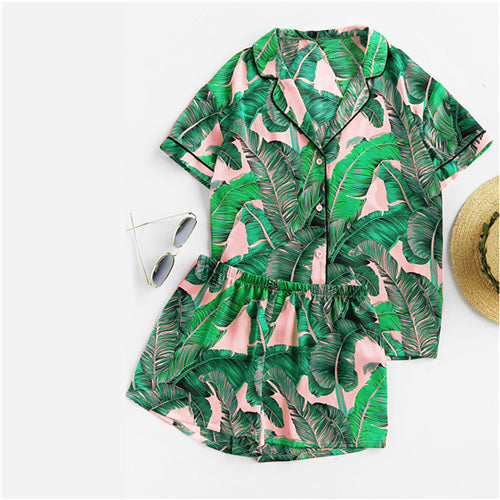 Tropical Palm Leaf Print Shirt and Shorts PJ Set - My Girlfriend's Closet STL Boutique 